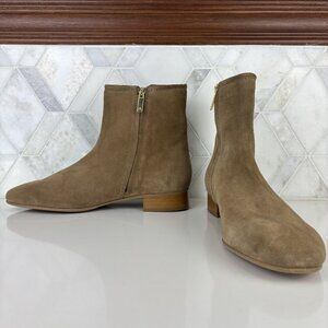 11M Round Toe Ankle Boot Dark Brown Caramel Side Zip Block Heel Suede Leather